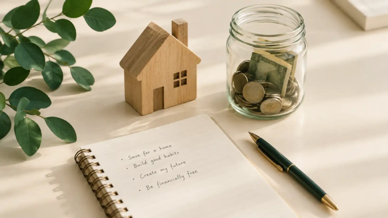 Small wooden house model next to a jar of savings and a notebook on a table
