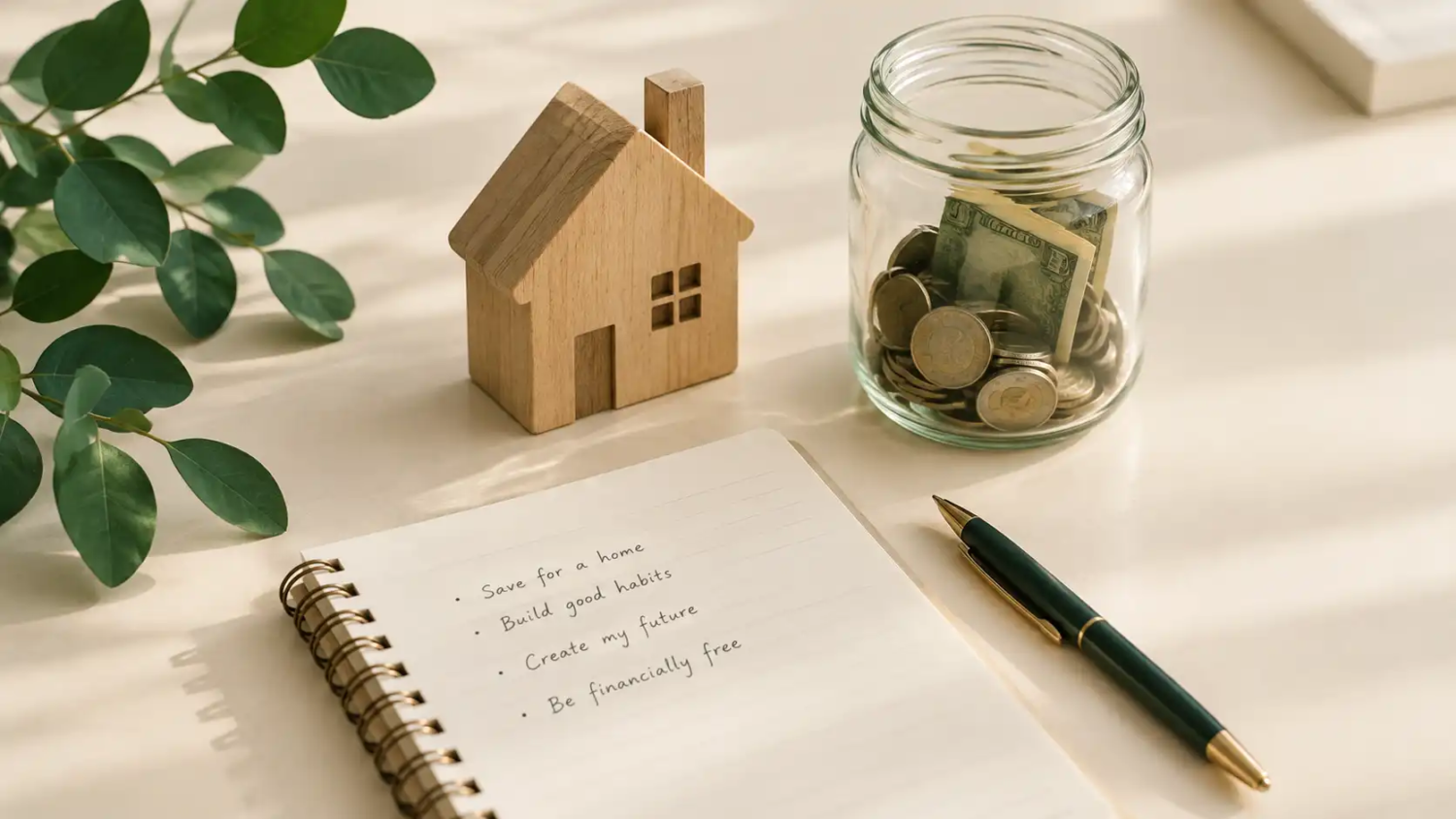 Small wooden house model next to a jar of savings and a notebook on a table