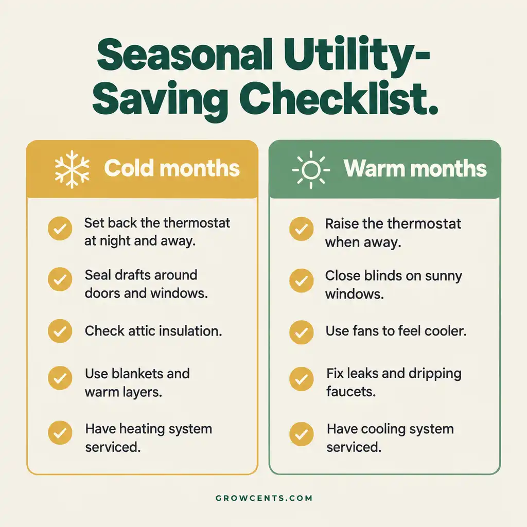 Two-column seasonal checklist of utility-saving actions for cold months and warm months