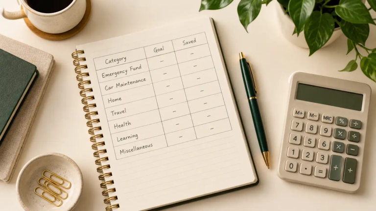 Planner page with several labeled savings categories and small amounts filled in next to each