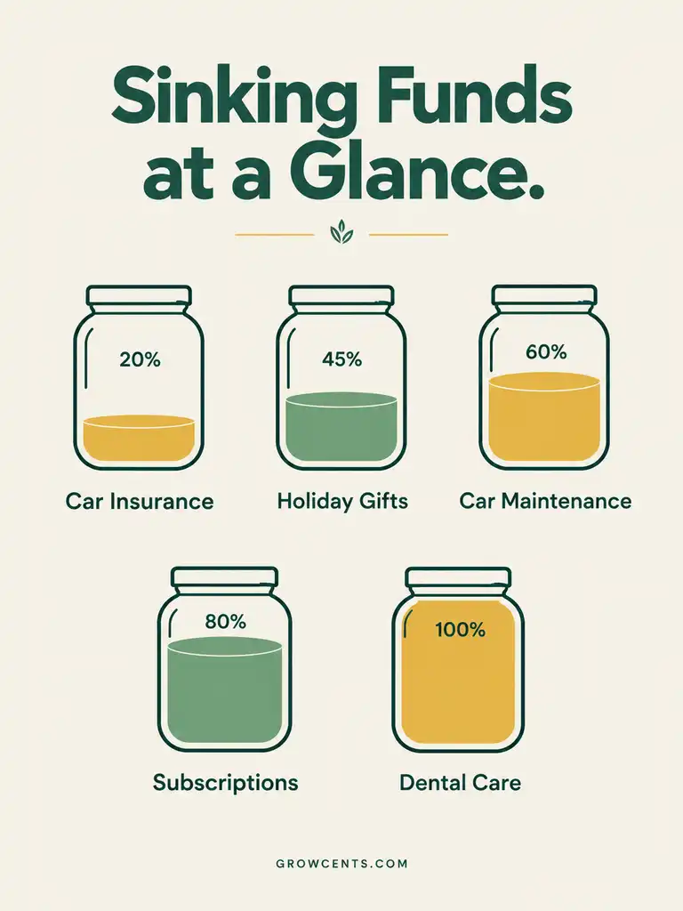 Infographic showing five sinking fund jars filled to different levels based on progress toward each goal