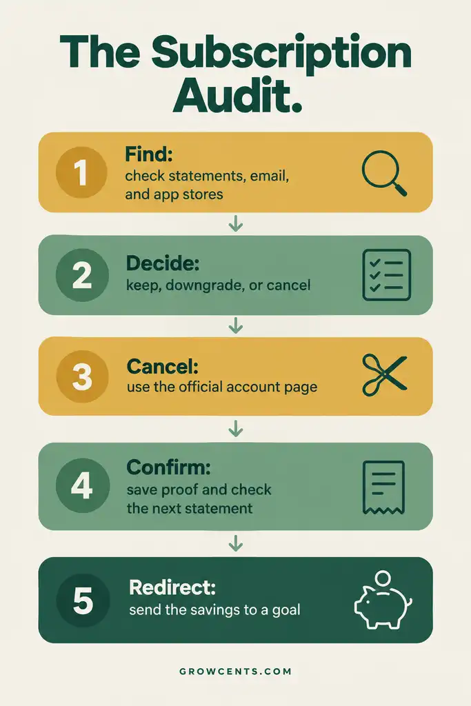 Five-step flow showing how to find, decide, cancel, confirm, and redirect savings from subscriptions