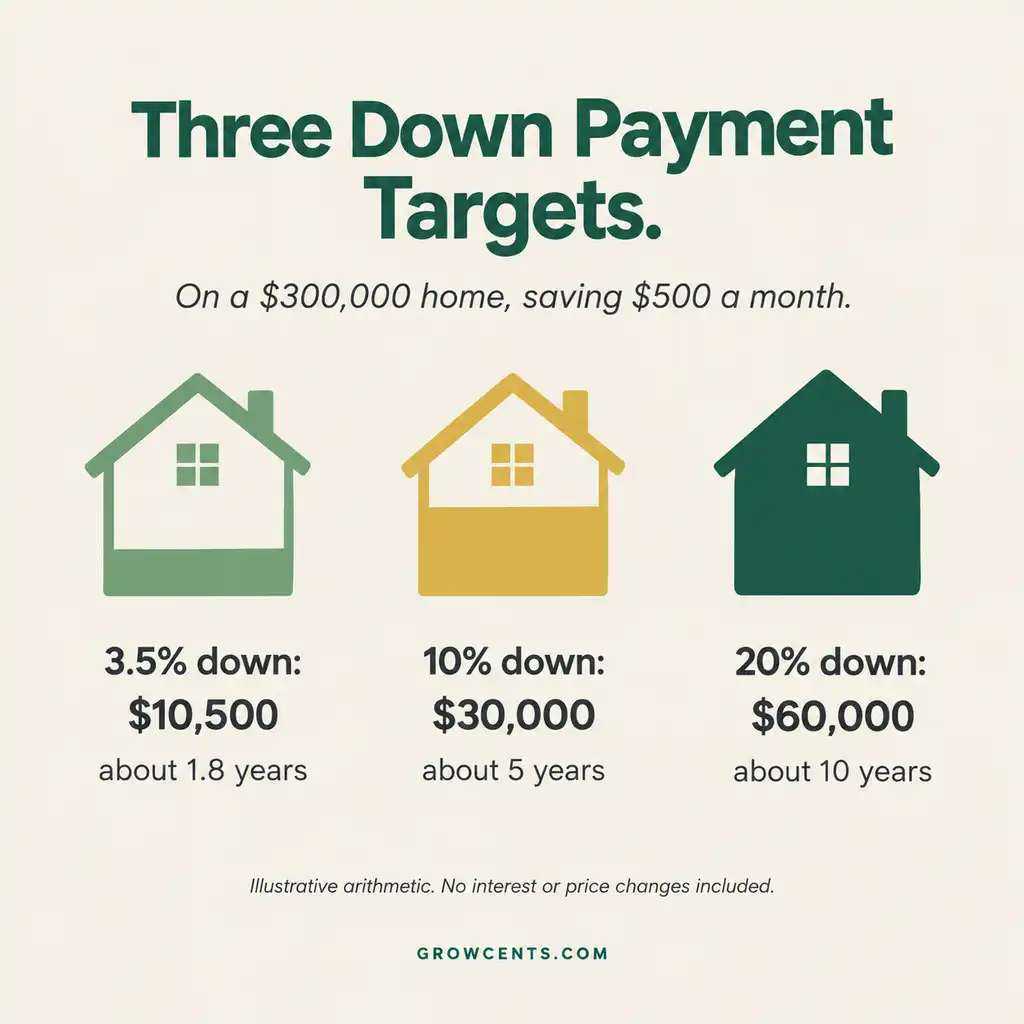 Infographic comparing 3.5, 10, and 20 percent down payments on a 300,000 dollar home and how long each takes to save at 500 dollars a month