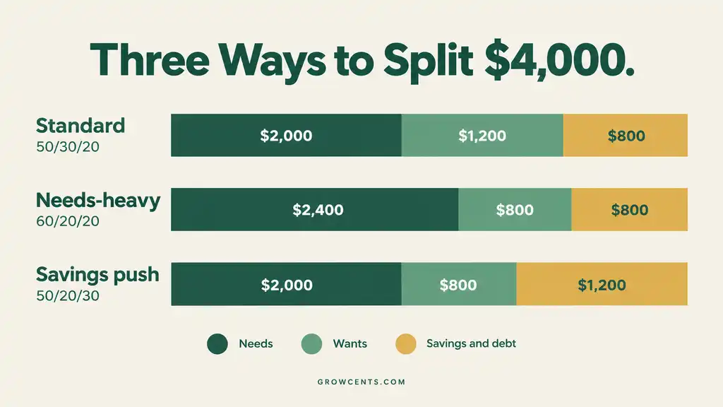 Three horizontal stacked bars comparing standard, needs-heavy, and savings-push versions of the 50/30/20 split on 4,000 dollars