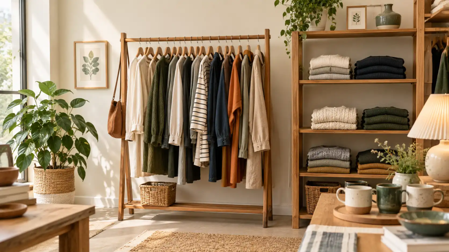 Neatly arranged secondhand clothing rack with folded sweaters and a small shelf of housewares in a bright thrift shop