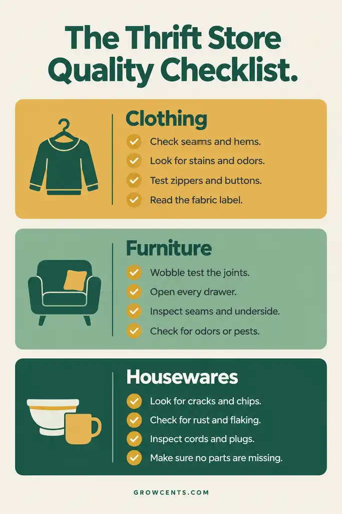Checklist infographic showing what to inspect on secondhand clothing, furniture, and housewares before buying