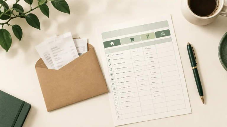 Envelope of receipts, a printed spending tracker sheet, and a pen on a wooden desk