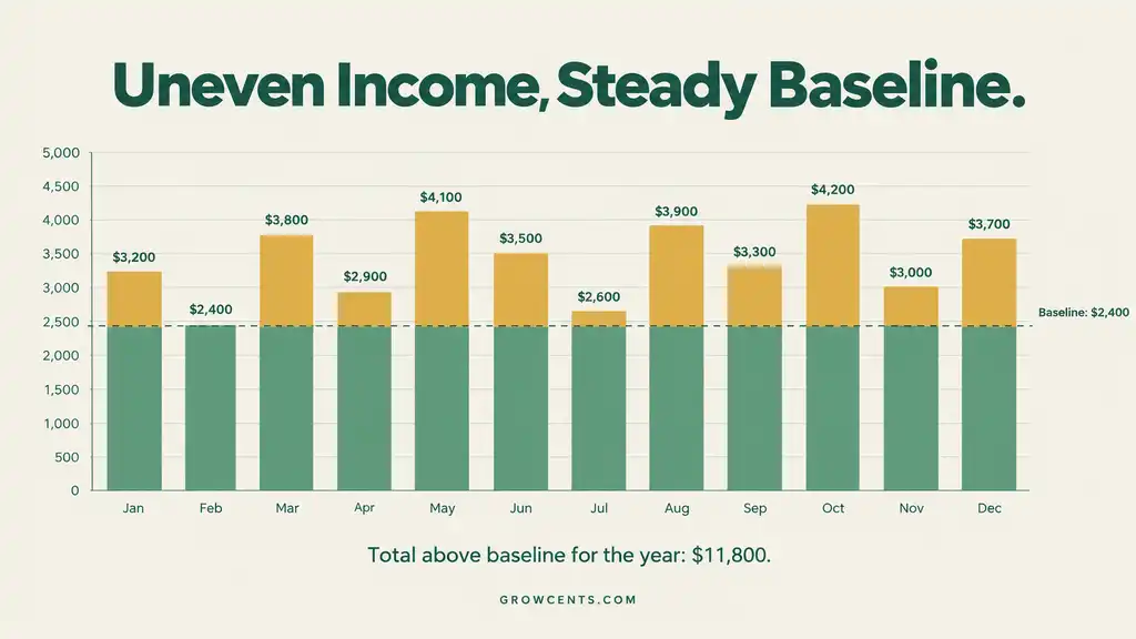 Bar chart of twelve months of uneven income with a horizontal baseline at 2,400 dollars and the amount above it highlighted
