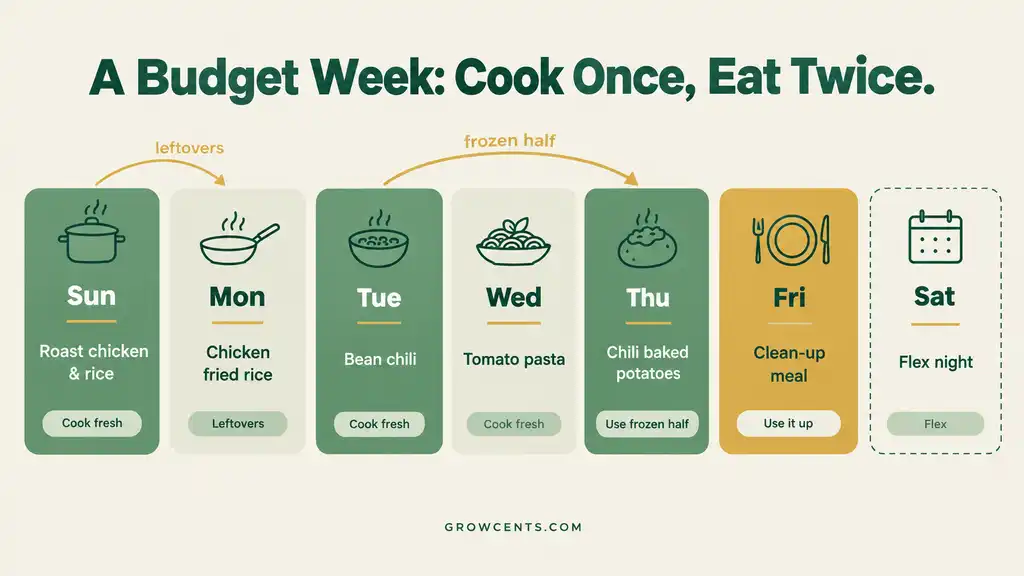 Seven-day dinner plan showing arrows linking meals that share leftovers, including Sunday roast chicken to Monday fried rice and Tuesday chili to Thursday baked potatoes