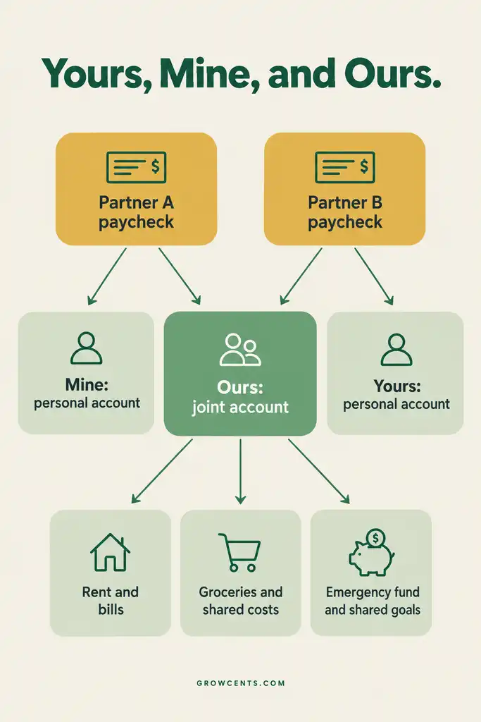 Flow diagram showing two paychecks each splitting into a personal account and a shared joint account that pays shared bills and goals