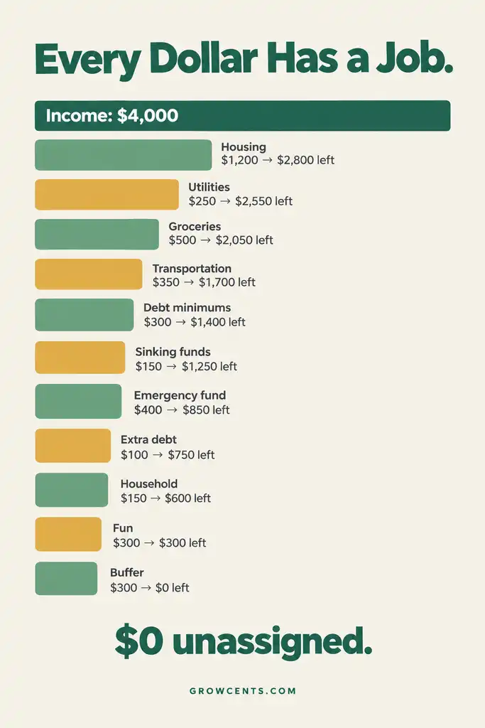 Waterfall infographic showing a 4,000 dollar monthly income being assigned category by category down to zero unassigned dollars