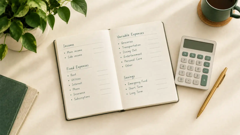 Notebook with a budget list where each line has an amount, next to a calculator and a pen